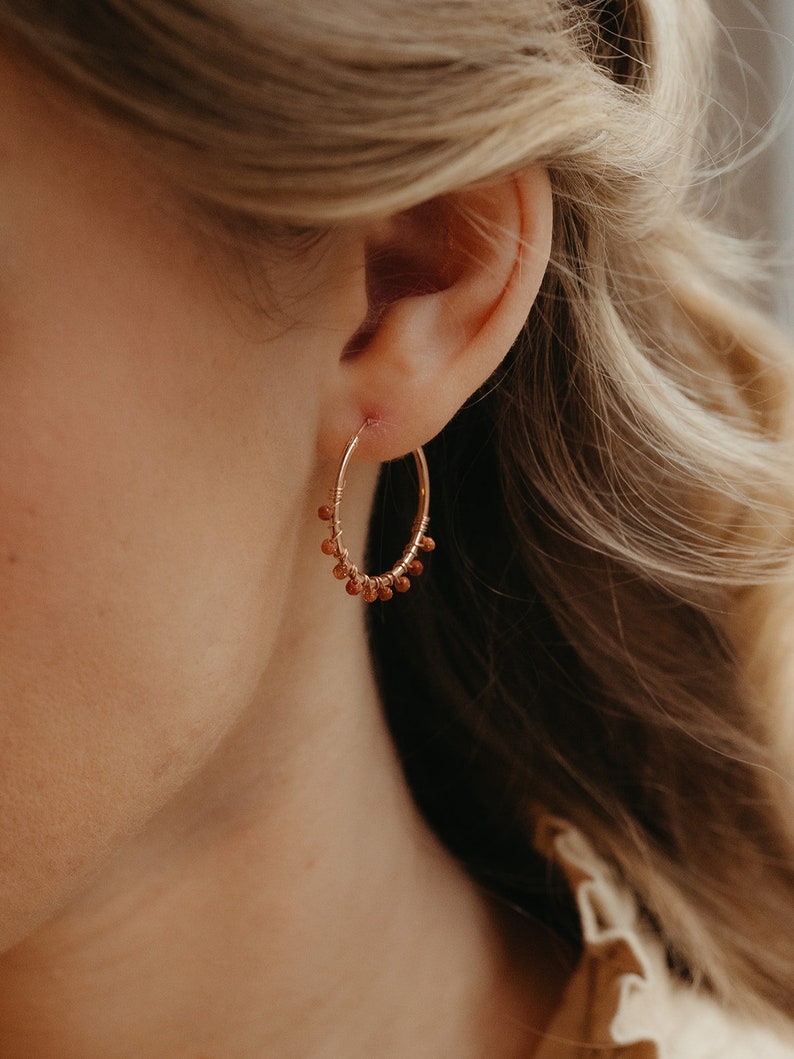 Orange beaded hoop earrings, Dainty gemstone rose gold hoops, Wire wrapped aventurine earrings, Tiny delicate earrings for mom image 2