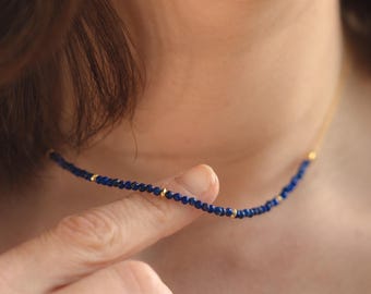 Lapis Lazuli Beaded Choker, Dainty Blue Gemstone Necklace, Layered Gold Chain Jewelry