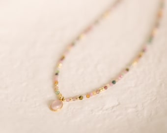 Dainty Tourmaline Choker, Watermelon Beaded Necklace with Pink Chalcedony pendant, October Birthstone Jewelry