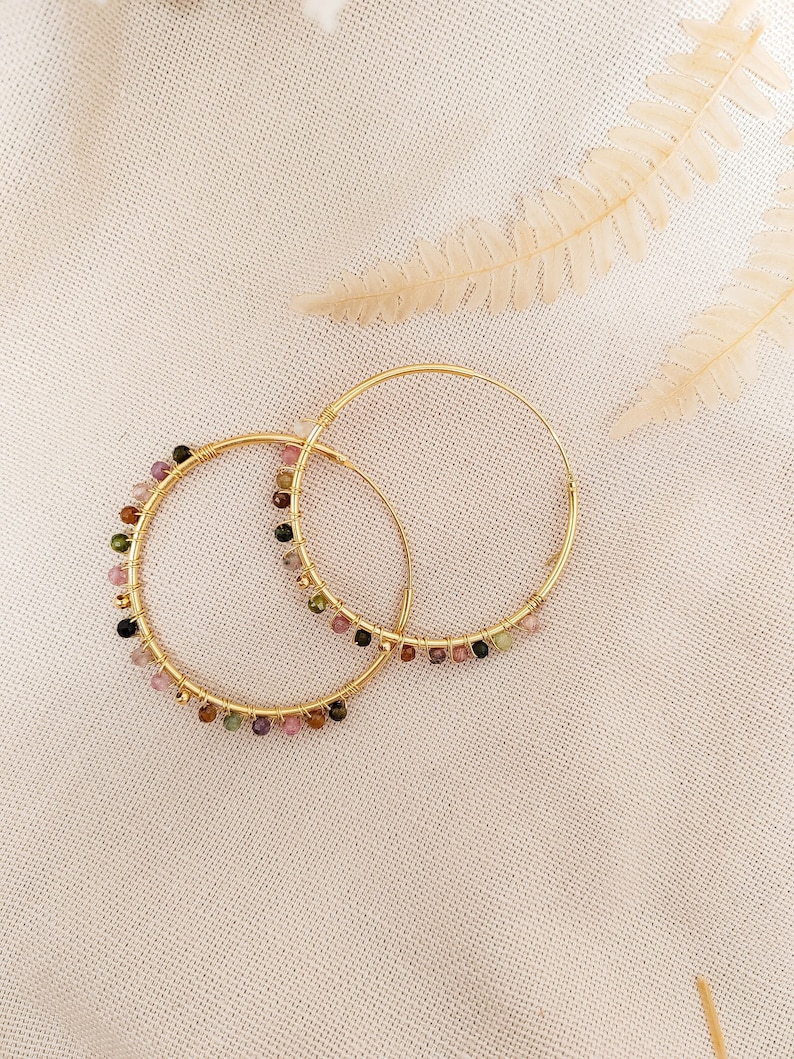 Boho tourmaline hoop earrings, Large watermelon tourmaline hoops, October birthstone tourmaline beads jewelry, Multi color gemstone earrings image 1