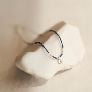 Lapis beaded necklace, Dainty lapis lazuli choker with topaz pendant, Blue gemstone choker for women, Tiny lapis choker, Birthstone jewelry