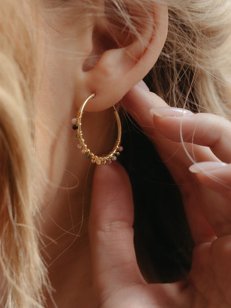 Boho tourmaline hoop earrings, Large watermelon tourmaline hoops, October birthstone tourmaline beads jewelry, Multi color gemstone earrings image 5