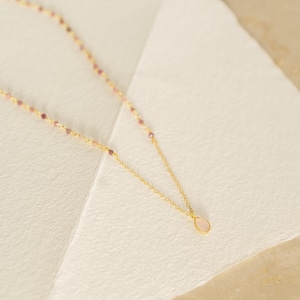 Dainty Pink Tourmaline Necklace, Teardrop Pendant, Rosary Gold Chain, October Birthstone