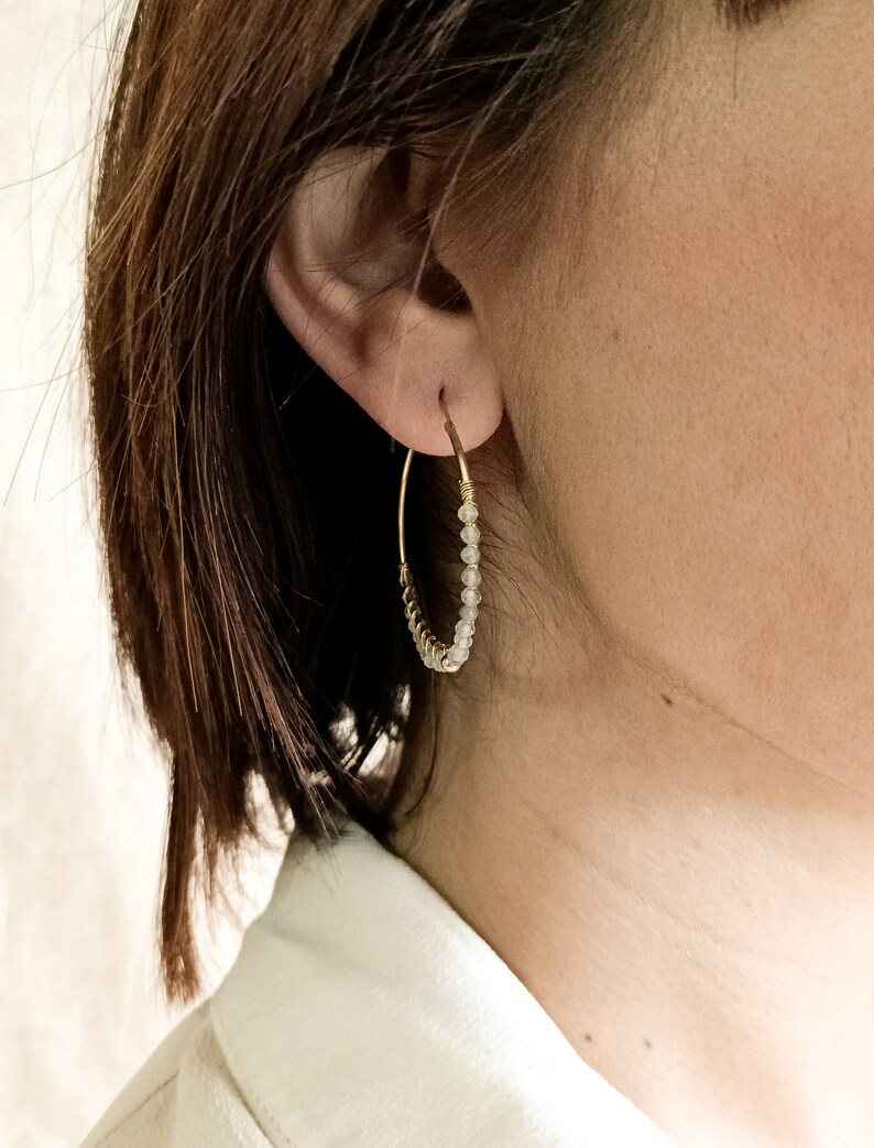 Labradorite gold hoop earrings, Dainty white gemstone hoops, Bridesmaid gemstone hoop earrings, Handmade labradorite 18K hoops for women image 5