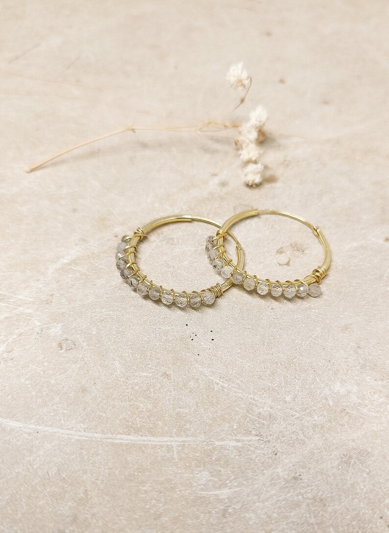 Labradorite gold hoop earrings, Dainty white gemstone hoops, Bridesmaid gemstone hoop earrings, Handmade labradorite 18K hoops for women medium