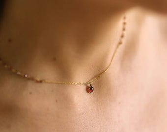 Garnet Pendant Gold Necklace, Red Beaded Rosary Chain, January Birthstone Jewelry