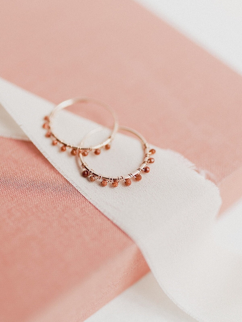 Orange beaded hoop earrings, Dainty gemstone rose gold hoops, Wire wrapped aventurine earrings, Tiny delicate earrings for mom Only Earrings