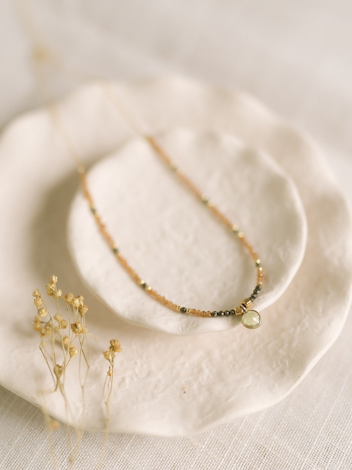 Garnet beaded necklace, Dainty green and gold choker, Bohemian garnet necklace for women, Genuine green peridot pendant necklace