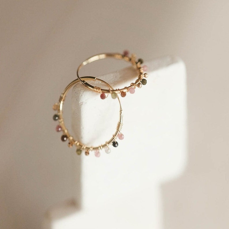 Boho tourmaline hoop earrings, Large watermelon tourmaline hoops, October birthstone tourmaline beads jewelry, Multi color gemstone earrings image 3