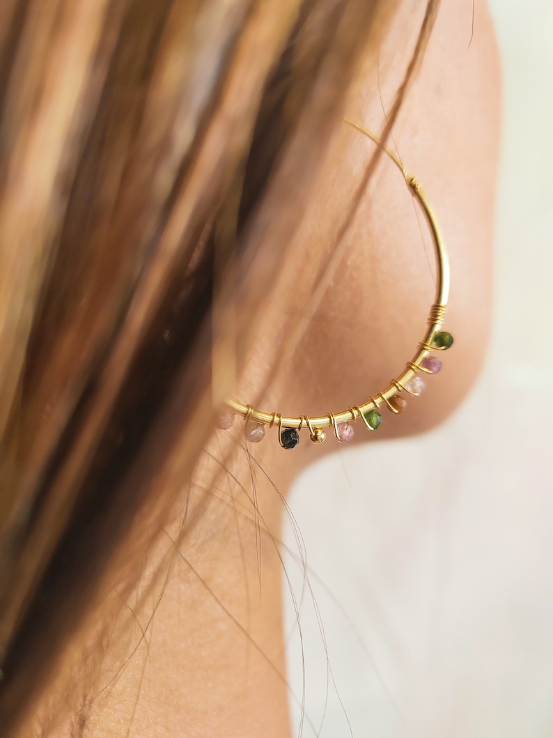 Boho tourmaline hoop earrings, Large watermelon tourmaline hoops, October birthstone tourmaline beads jewelry, Multi color gemstone earrings image 6