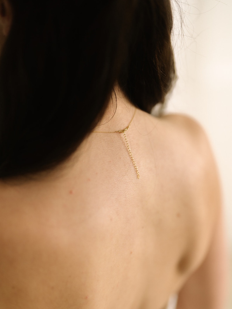 May include: A delicate gold necklace with an adjustable chain is draped across a person's bare back. The necklace's chain extends down the back, creating a simple yet elegant look. The focus is on the jewelry and the skin.