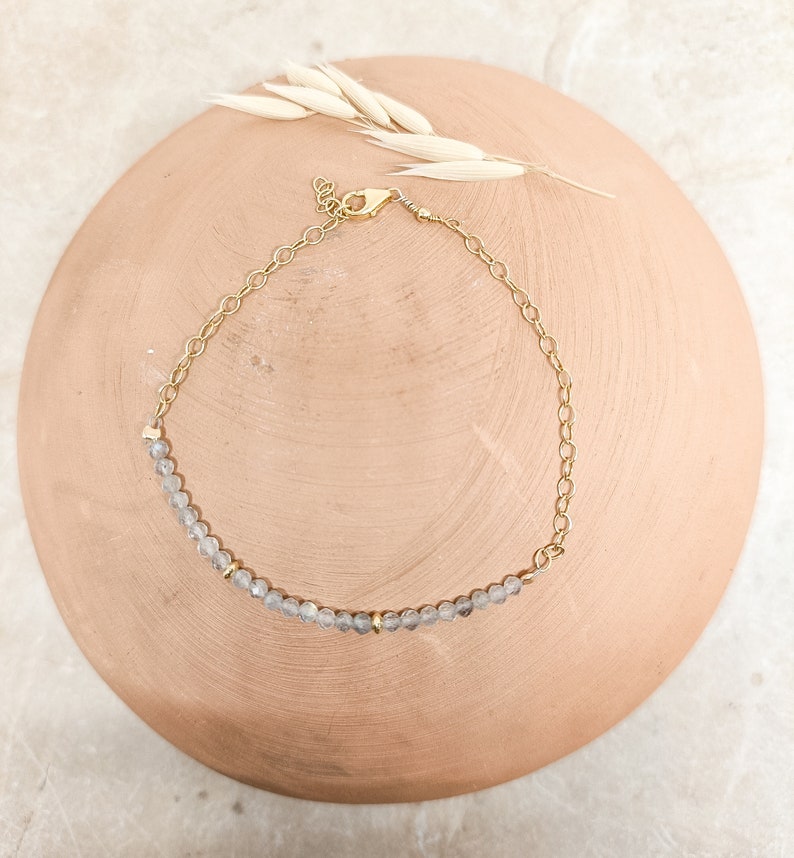 Labradorite gold hoop earrings, Dainty white gemstone hoops, Bridesmaid gemstone hoop earrings, Handmade labradorite 18K hoops for women image 8