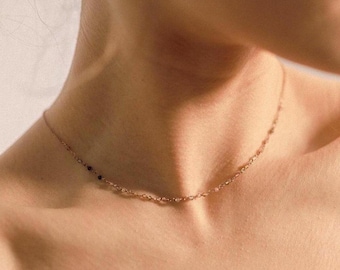 Tourmaline rosary bead necklace for women, Dainty watermelon tourmaline choker with rose gold chain, Minimalist gemstone beaded necklace