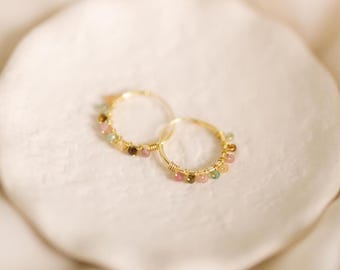 Tourmaline hoop earrings for women, Small colored gemstone hoops, Dainty watermelon tourmaline earrings, October birthstone earrings in gold