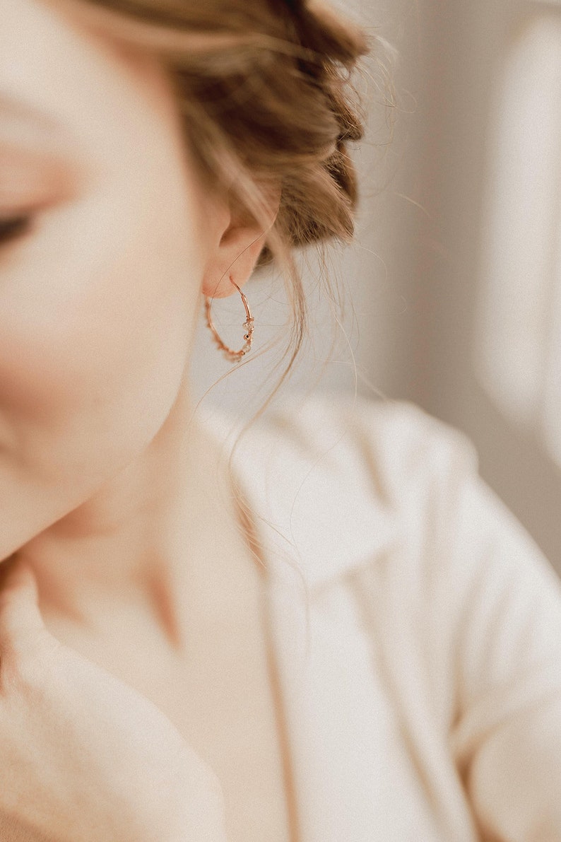 White gemstone beaded hoops, labradorite hoop earrings in rose gold, Wire wrapped gem hoop earrings, March birthstone labradorite jewelry image 9