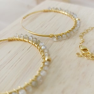 Labradorite gold hoop earrings, Dainty white gemstone hoops, Bridesmaid gemstone hoop earrings, Handmade labradorite 18K hoops for women image 6