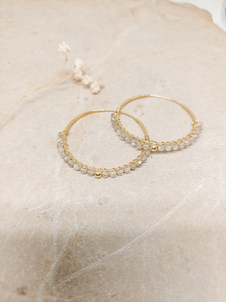 Labradorite gold hoop earrings, Dainty white gemstone hoops, Bridesmaid gemstone hoop earrings, Handmade labradorite 18K hoops for women Large 1.5 inch