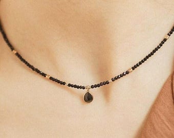 Gold Black Spinel Choker: Dainty Gemstone Necklace, August Birthstone, Elegant Layering Jewelry