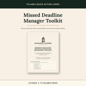 Puede incluir: Un libro de trabajo digital titulado Missed Deadline Manager Toolkit con un icono de linterna y texto. El documento incluye siete herramientas de acción rápida para gerentes, con secciones para diagnóstico, respuesta y planificación en 24 páginas.