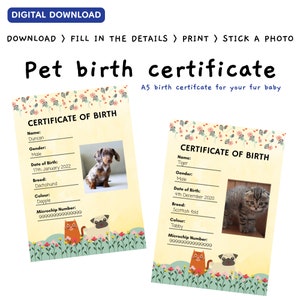 HUISDIER GEBOORTEBEWIJS ~ Digitale download ~ download + print ~ maak een geboorteakte voor uw kat/hond/konijn/bontkind!