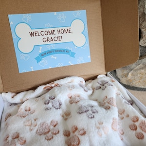 May include: An open cardboard box with a blue and white card that says "Welcome Home, Gracie!" and "New Puppy Survival Kit". Inside the box is a white blanket with brown paw prints.