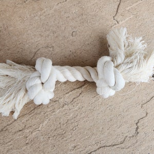 May include: A white cotton rope dog toy with two knots at the ends. The rope is frayed at the ends, giving it a textured look.