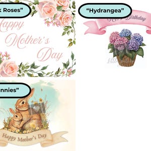 May include: A collection of watercolor illustrations for Mother's Day. One features pink roses and the text "Happy Mother's Day." Another shows bunnies with a banner that reads "Happy Mother's Day." The third shows a basket of hydrangeas.