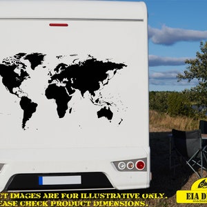 May include: A white camper van with a black world map decal on the back. The van is parked in a grassy area with a table and chairs in the background. The text "PRODUCT IMAGES ARE FOR ILLUSTRATIVE ONLY. PLEASE CHECK PRODUCT DIMENSIONS." is printed on the bottom of the van.