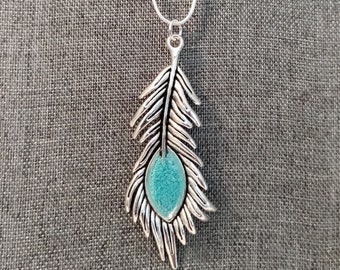 18" Turquoise Feather Pendant, Genuine Turquoise, Indigenous made on Cape Cod. Natural Beauty!