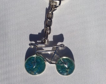 Cape Cod Bicycle Keychain featuring West Dennis Beach Sand, Mi Ocean Color
