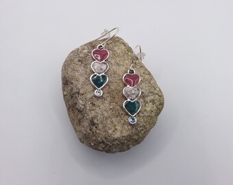 Red, Wampum & Blue 3 Tier Heart Earrings featuring Cape Cod Wampum,  Sandy Neck Beach Sand and Swarovski Crystal