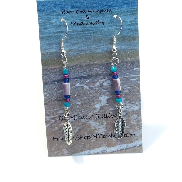 Wampum & Feather Earrings (New England Wampum), Genuine Wampum Jewelry, Indigenous Native Made, Cape Cod, Massachusetts,  Wampanoag