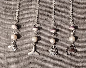 18" Wampum, Freshwater Pearl & Sealife Drop Necklace (925 Silver plated), Genuine Wampum Tube from Massachusetts/Cape Cod/New England Shores