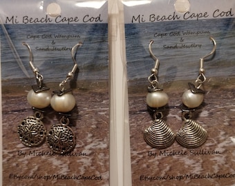 Freshwater Pearl, Tile Beads & Clamshell or Sand Dollar Dangle Earrings