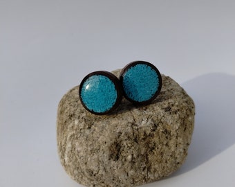 Round Wood + Turquoise Stud Earrings, 12mm Wood Round Studs with Genuine Crushed Turquoise Inlay. Wampanoag & Lenape Made on Cape Cod, MA