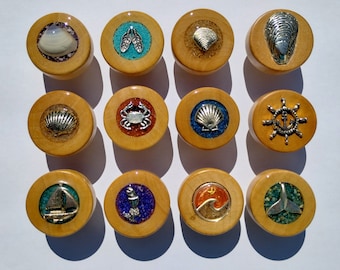 Custom 33mm Wooden Drawer Knobs featuring Cape Cod Beach Sands, earth elements and seaside accents. You choose sand, elements and/or accents