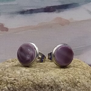 May include: A pair of silver stud earrings with round purple abalone shell insets.