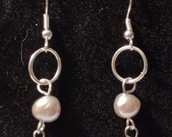 Silver Circle & Freshwater Pearl Drop Earrings, Pearl Color: Navy, Grey or White, 1 pair. 925 Sterling Silver. Handmade on Cape Cod.