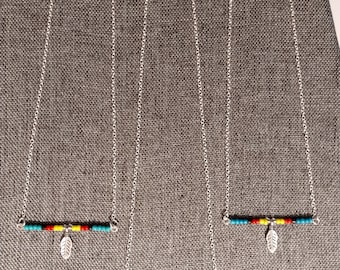 18" Feather & Seed Bar Necklace, Various Colors, 925 Silver Plated Necklace, Glass Seed Beads, Native Owned, Massachusetts, Cape Cod