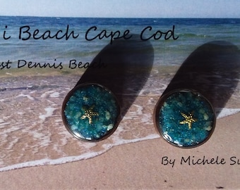 15mm Round Wood, Sealife & Sand Earrings featuring Cape Cod Beach Sands, Sealife: Blood Ark, Scallop, Trophon +Crushed Clamshell Gold/Silver