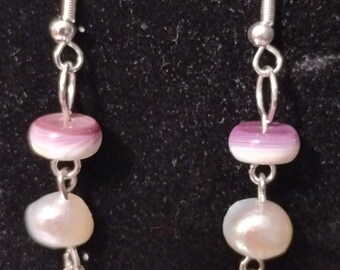 Wampum & Freshwater Pearl Duo (white/cream) Dangle Drop Earrings, Genuine Wampum and Freshwater Pearls, Indigenous made on Cape Cod.