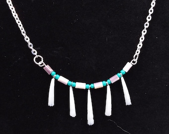 18" Wampum, Dentalium & Seed Chain Necklace, Turquoise, Silver plated, Genuine Wampum 5mm Tube from Massachusetts/New England Shores