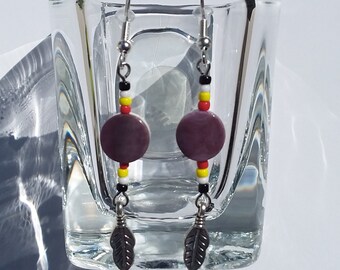 10mm Round Wampum, Feather & Seed Earrings (Genuine New England Wampum), 4 Directions, Wampanoag/Lenape made, Cape Cod Beach Jewelry