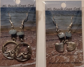 Aquamarine, Bead & Dangle Earrings, Genuine Chip Gemstones (Natural). Indigenous crafted on Cape Cod. 925 Sterling Silver. Mermaid Clamshell