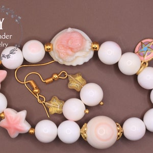 Conjunto de concha rosa, brincos, pulseira, estrela, sereia de papelão, presente para ela, filha