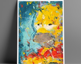 May include: Abstract painting of a yellow-haired character with a white face, set against a backdrop of blue, red, and yellow brushstrokes. The artwork features thick paint application and visible texture, with the artist's signature in the bottom right corner.