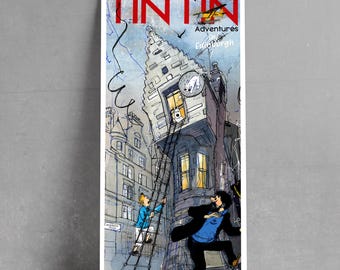 Cockburn Street, Edinburgh City, Print, Tintin Edinburgh Print, Herge Comic Wall Art, Scotland City Poster, small, medium, large