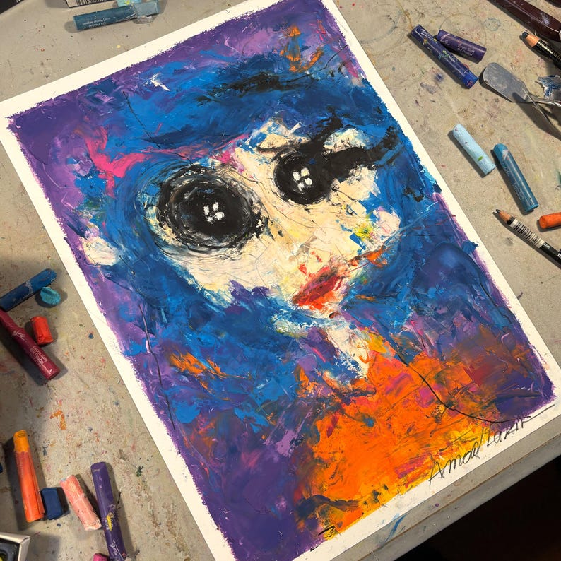 May include: Abstract expressionist painting on paper, featuring a face-like composition. The artwork uses bold brushstrokes and a vibrant palette of blues, purples, oranges, and black. The painting has a textured appearance, with visible layers of paint.