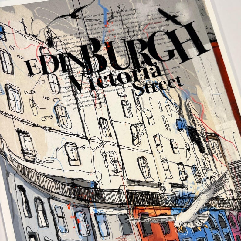 May include: A black and white illustration of a street scene in Edinburgh, Scotland. The text "EDINBURGH Victoria Street" is visible in the image.