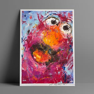 May include: Abstract painting of a character with large white eyes and a bright orange nose and mouth. The artwork uses a vibrant palette of red, pink, orange, and blue, with visible brushstrokes and splatters. The artist's signature is in the bottom right corner.